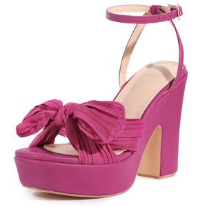 Women's Platform Pleated Bow Slingback Block High Heel Sandals Hot Pink